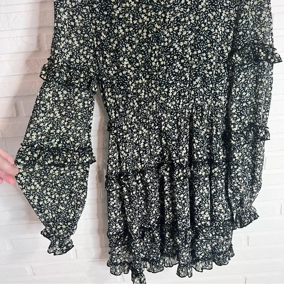 Altar’d State Black Floral Tiered Plunge Neck Boho Mini Dress, Size Medium - Picture 6 of 8